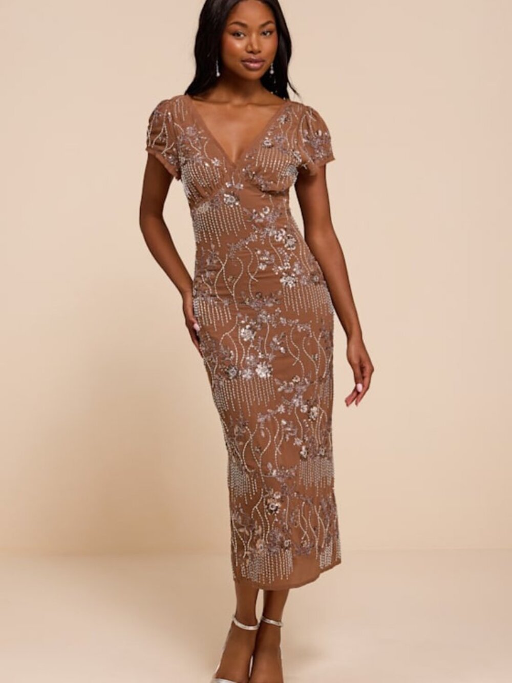Lulus Angelila Light Brown Sequin Beaded Short Sleeve Midi Dress - Size L